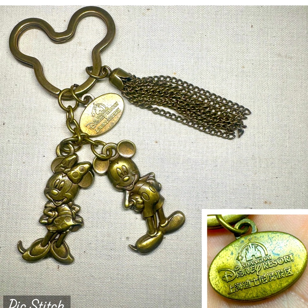 Vintage Disney Shanghai Resort Keychain w Mickey, Minnie, tassel, Brass-tone